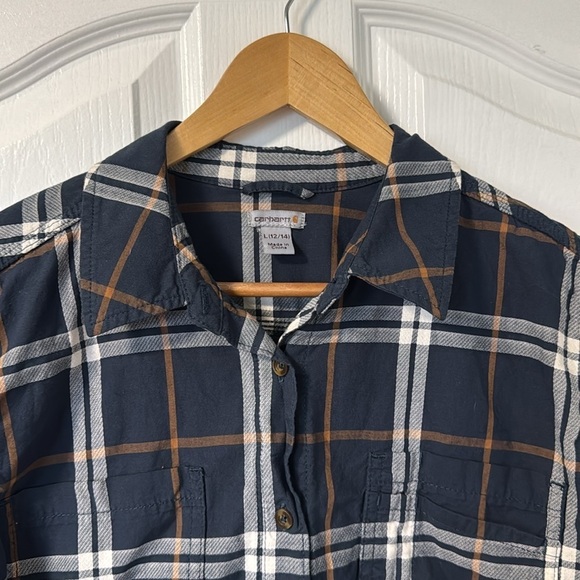 Youth size 14-16 Carhartt blue plaid button down shirt - Picture 2 of 6